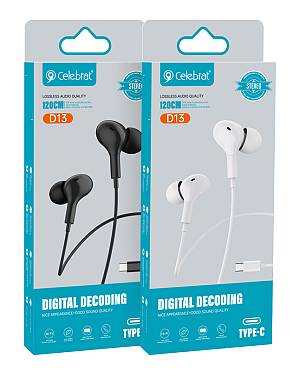 CELEBRAT earphones με μικρόφωνο D13, USB-C σύνδεση, Φ10mm, 1.2m, λευκά D13-WH