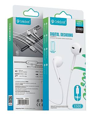 CELEBRAT earphones με μικρόφωνο E500, USB-C σύνδεση, Φ14mm, 1.2m, λευκά E500-WH