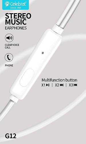 CELEBRAT earphones με μικρόφωνο G12, 3.5mm σύνδεση, Φ14.2mm, 1.2m, λευκό G12-WH