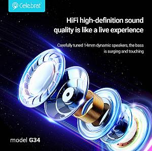 CELEBRAT earphones με μικρόφωνο G34, 3.5mm σύνδεση, 14mm, 1.2m, μαύρα G34-BK