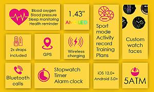 INTIME smartwatch G6 με 2x λουράκια, heart rate, 1.43 AMOLED, GPS, 5ATM/IP69, titanium black IT-070