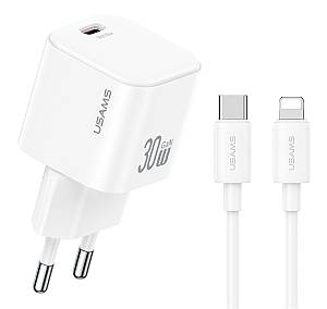 USAMS φορτιστής τοίχου CC262 με καλώδιο Lightning, 30W, GaN, λευκός JOXLTZ02