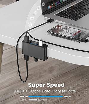 ORICO USB hub MH4PU-P με σφιγκτήρα, 4x θυρών, 5Gbps, USB σύνδεση, μαύρο MH4PU-P-BK-BP