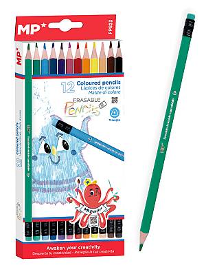 MP χρωματιστές ξυλομπογιές PP823 με γόμα, τρίγωνες, 12τμχ PP823