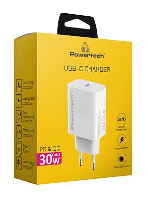 POWERTECH φορτιστής τοίχου PT-1043, USB-C, PD QC3.0, GaN, 30W, λευκός PT-1043