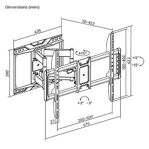 POWERTECH επιτοίχια βάση τηλεόρασης PT-1423, 37-90, 75kg, heavy duty, full motion PT-1423