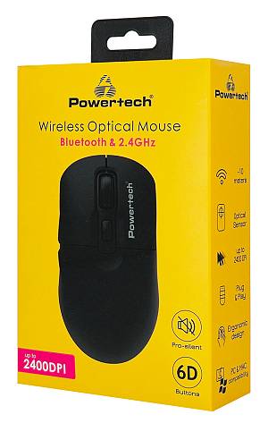 POWERTECH ασύρματο ποντίκι PT-1543, 2.4GHz & Bluetooth, έως 2400DPI, αθόρυβο, μαύρο PT-1543