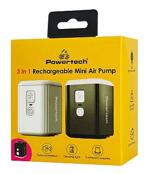 POWERTECH μίνι τρόμπα PT-1554 με φακό, 5W, επαναφορτιζόμενη, μαύρη PT-1554