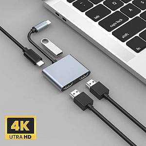 POWERTECH docking station PTH-113, 4 θυρών, USB-C, 4K, 100W, γκρι PTH-113