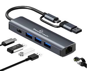 POWERTECH USB hub PTR-0150 με θύρα δικτύου, 4 θυρών, USB & USB-C, γκρι PTR-0150
