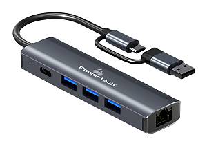 POWERTECH USB hub PTR-0150 με θύρα δικτύου, 4 θυρών, USB & USB-C, γκρι PTR-0150