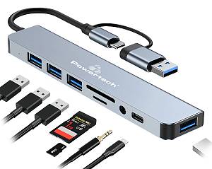 POWERTECH USB hub PTR-0151 με card reader, 8 θυρών, USB & USB-C, γκρι PTR-0151