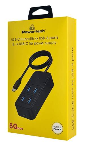 POWERTECH USB 3.2 hub PTR-0156 4x θυρών, 5Gbps, USB-C σύνδεση, 1m, μαύρο PTR-0156