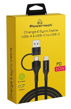 POWERTECH καλώδιο USB & USB-C σε USB-C PTR-0158, PD 60W, copper, 1.5m, μαύρο PTR-0158