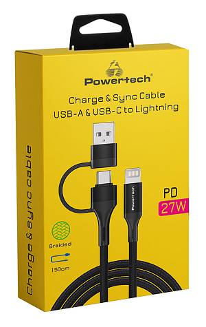 POWERTECH καλώδιο USB & USB-C σε Lightning PTR-0159, PD 27W, copper, 1.5m, μαύρο PTR-0159