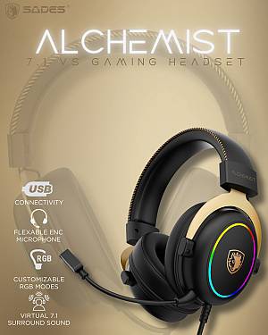 SADES gaming headset Alchemist, USB σύνδεση, 50mm, V7.1 surround, ENC, RGB, multi-platform, μαύρο SA-913