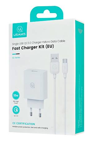 USAMS φορτιστής τοίχου SCXLTZ01 με καλώδιο micro USB, USB, 18W, λευκός SCXLTZ01
