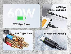 USAMS καλώδιο USB-C US-SJ734, 60W, 480Mbps, 1m, μαύρο SJ734USB01