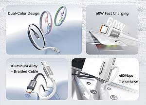 USAMS καλώδιο USB-C SJ756, 60W, 480Mbps, 1.2m, μαύρο/λευκό SJ756USB01