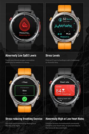ZEBLAZE smartwatch Stratos 4 με φακό, heart rate, 1.43 AMOLED, GPS, 5 ΑΤΜ, MIL-STD-810H, μαύρο STRATOS4-BK