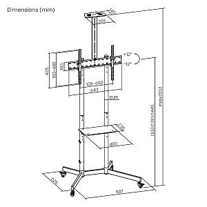 BRATECK βάση τηλεόρασης δαπέδου T1042T, 37-70, έως 45kg, με ράφια & ροδάκια T1042T