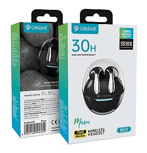 CELEBRAT earphones με θήκη φόρτισης W51, True Wireless, Φ13mm, μαύρα W51-BK