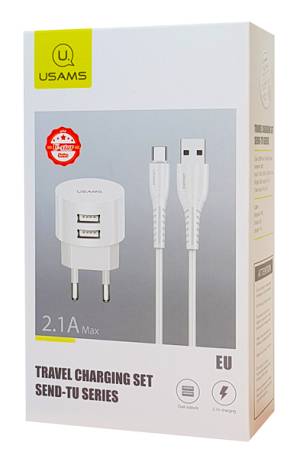 USAMS φορτιστής τοίχου T20 & καλώδιο type-C, 2x USB, 2.1A, λευκός XTXLOGT18TC05