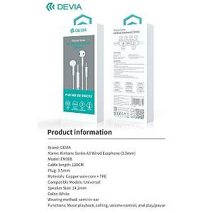 Hands Free Stereo A3 Devia EM108 3.5mm Kintone Λευκό