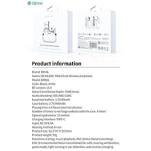 True Wireless Ακουστικά Bluetooth Devia EM031 ANC + ENC Ultra1 Λευκό