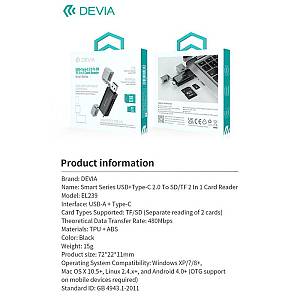 Hub USB A + USB C To SD/TF Devia EL239 2 σε 1 Card Reader Smart Μαύρο