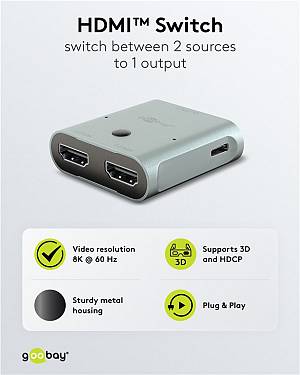 GOOBAY HDMI switch 77791, 2 σε 1, 8K/60Hz, γκρι 77791