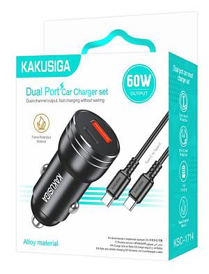 KAKUSIGA φορτιστής αυτοκινήτου KSC-1714 με καλώδιο USB-C, USB/USB-C, 60W, μαύρος KSC-1714-BK