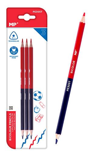 MP ξυλομπογιά με διπλή μύτη PE305T, 3mm μύτη, τρίγωνο, μπλε/κόκκινο, 3τμχ PE305T
