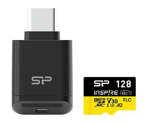 SILICON POWER κάρτα μνήμης microSDXC Inspire με card reader, 128GB, C10 UHS-I U3 V30 A2 SP128GBSTXLA2VC2