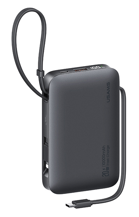 USAMS power bank CD228 με 2x καλώδια, 2x θύρες εξόδου, 10000mAh, 20W, γκρι 10KCD22801