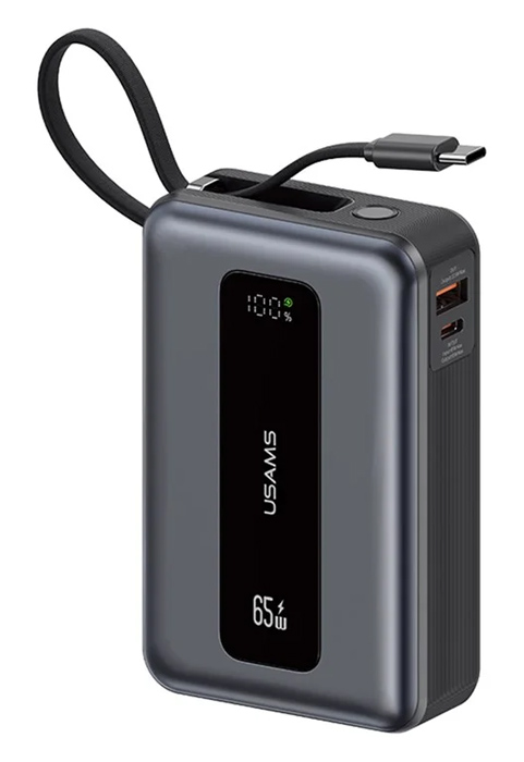 USAMS power bank CD243 με καλώδιο USB-C, 2x θύρες εξόδου, 20000mAh, 65W, γκρι 20KCD24301