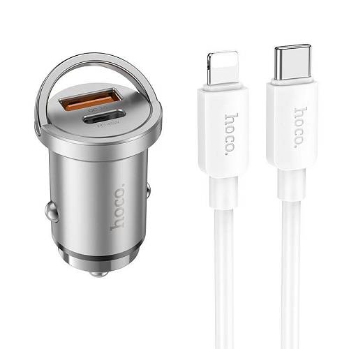 HOCO - NZ10 car charger 2 x USB QC3.0 18W + Type C PD 45W cable Type C To Lightning Silver
