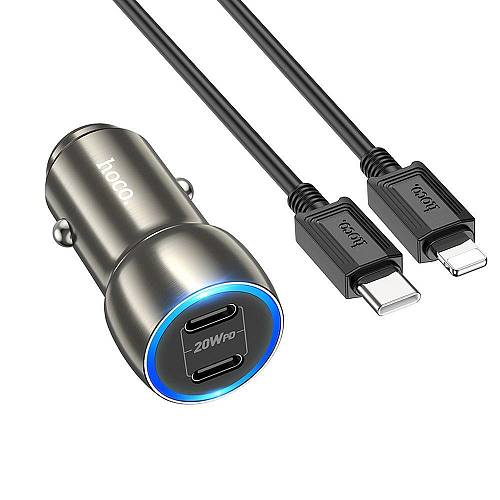 HOCO - Z48 car charger 2x Type C + cable Type C to iPhone Lightning 8-pin PD 40W metal gray