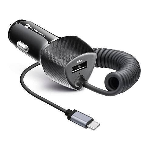 Forcell - Φορτιστής Αυτοκινήτου Carbon με θύρα USB A και Καλώδιο Type C PD QC3.0 3A 38W (CC50-1AC)