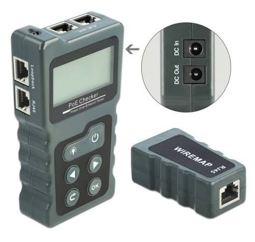 DELOCK tester καλωδίων με οθόνη 63110, RJ45, PoE, DC, γκρι 63110