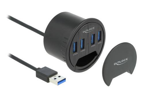 DELOCK USB hub 64153, 4x θυρών, 5Gbps, Φ60mm, USB σύνδεση, μαύρο 64153