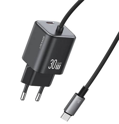 USAMS φορτιστής τοίχου CC264 με καλώδιο, USB-C, 30W, GaN, μαύρος CC264TC01