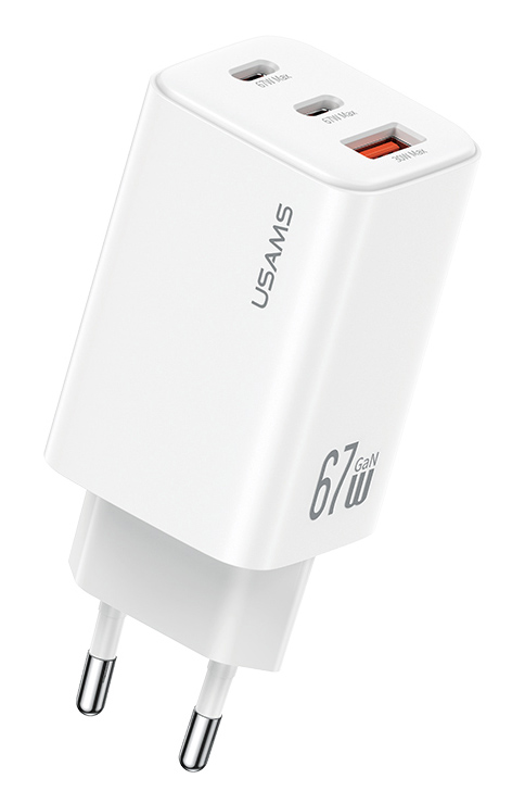 USAMS φορτιστής τοίχου CC265, USB & 2x USB-C, 67W, GaN, λευκός CC265TC02