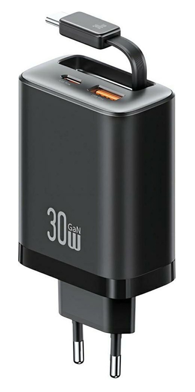 USAMS φορτιστής τοίχου CC296 με καλώδιο, USB & USB-C, 30W, μαύρος CC296TC01