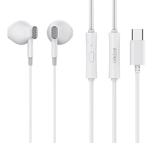 CELEBRAT earphones με μικρόφωνο D12, USB-C σύνδεση, Φ14.2mm, 1.2m, λευκά D12-WH