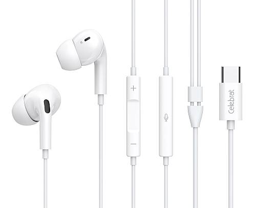 CELEBRAT earphones με μικρόφωνο E300, USB-C σύνδεση, Φ10mm, 1.2m, λευκά E300-WH