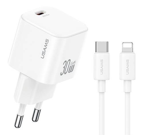 USAMS φορτιστής τοίχου CC262 με καλώδιο Lightning, 30W, GaN, λευκός JOXLTZ02