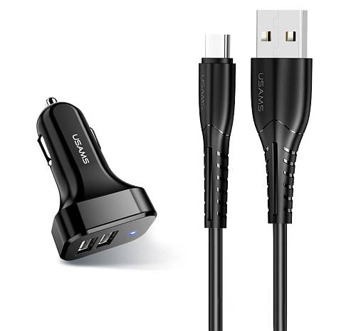 USAMS φορτιστής αυτοκινήτου C13 & καλώδιο type-C, 2x USB, 2.1A, μαύρο NTU35TC13TZ