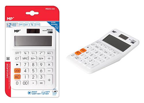 MP αριθμομηχανή PE032-01, ηλιακό & μπαταρίες, 12 ψηφία, λευκή PE032-02