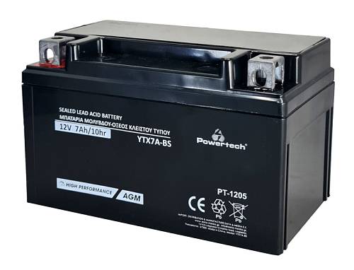 POWERTECH μπαταρία μολύβδου μοτοσυκλέτας PT-1205, 12V 7Ah, AGM, YTX7A-BS PT-1205